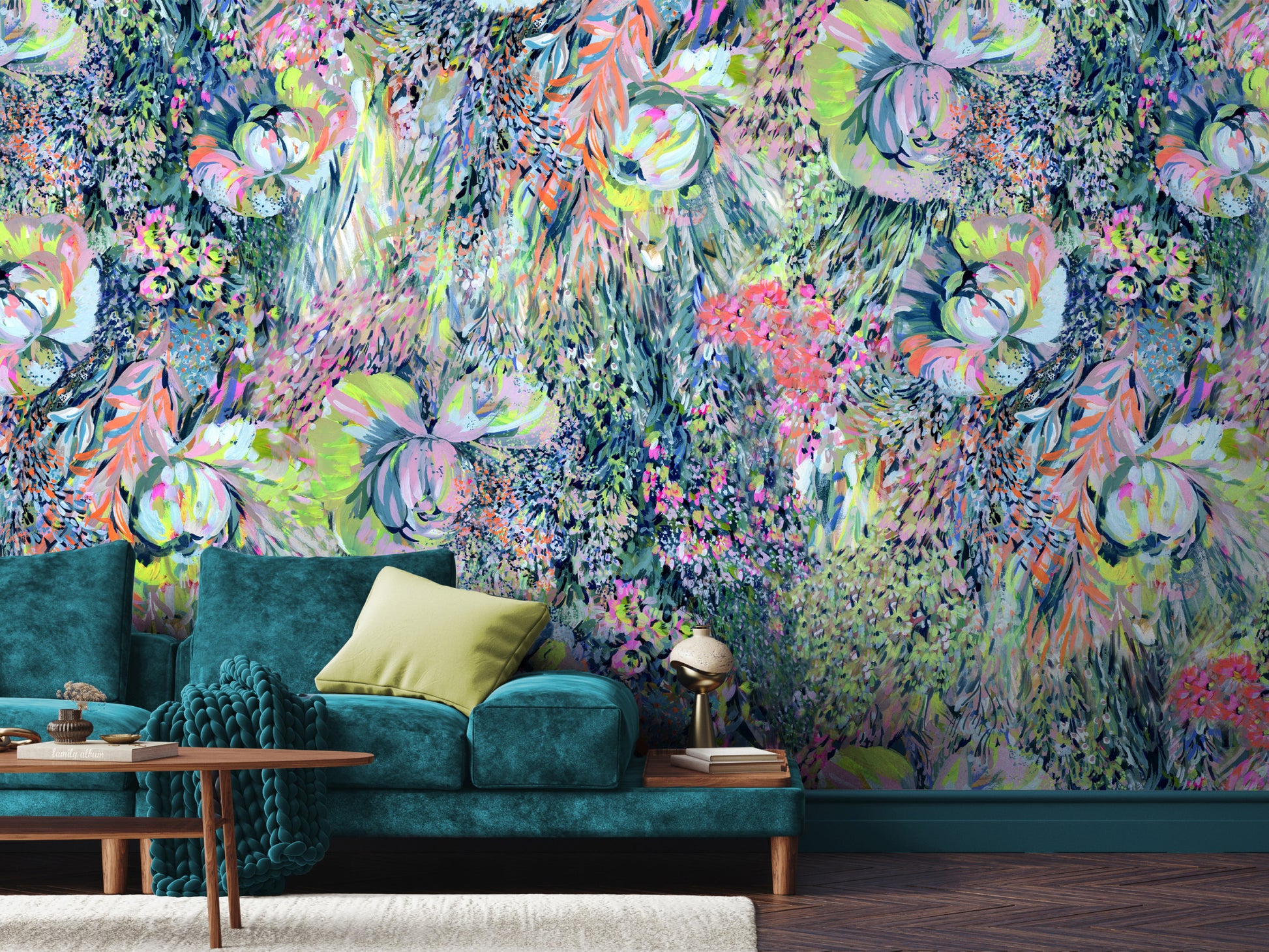 Large-scale mural wallpaper in a finished room