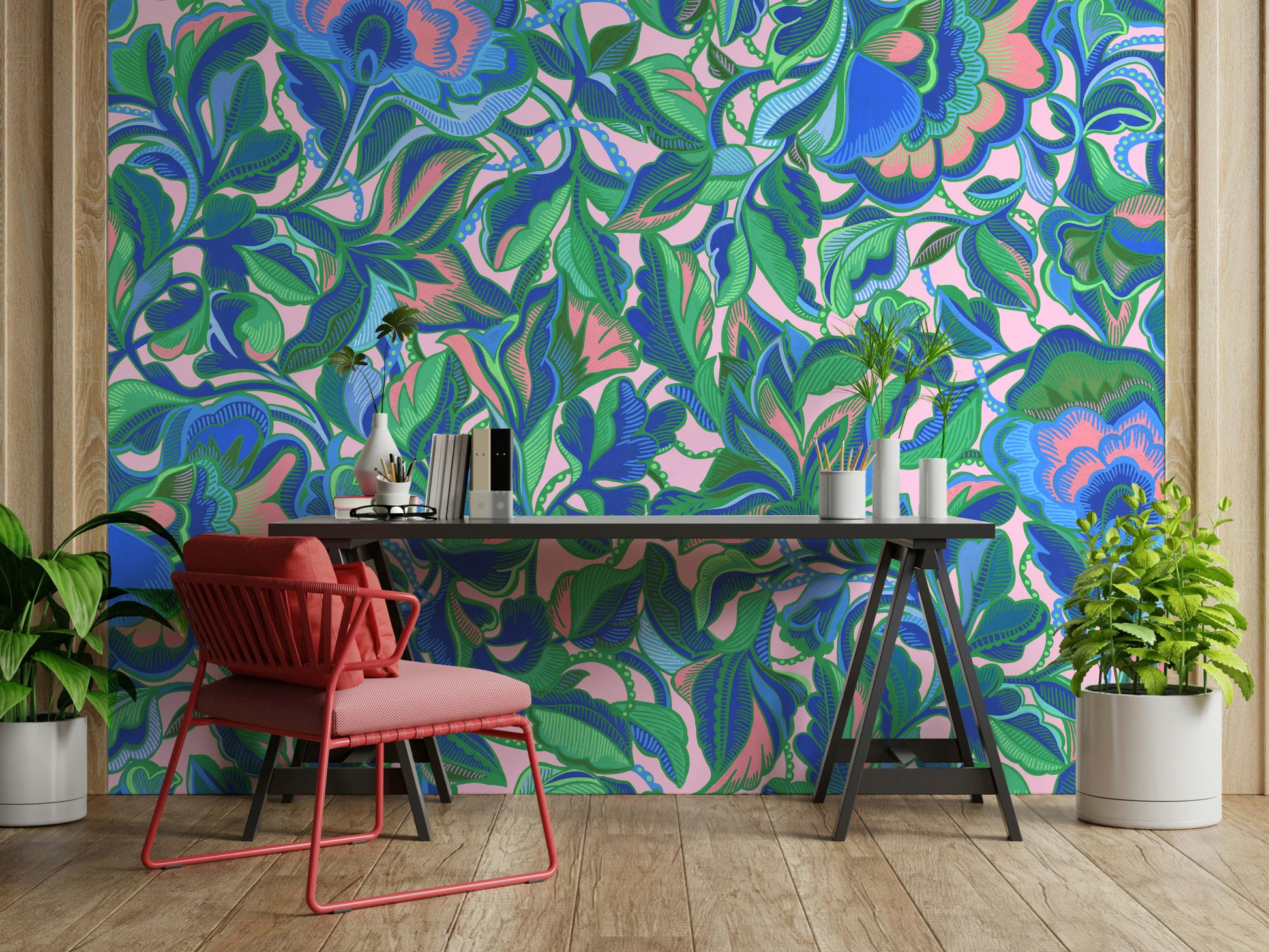 Colorful mural wallpaper in a finished interior room